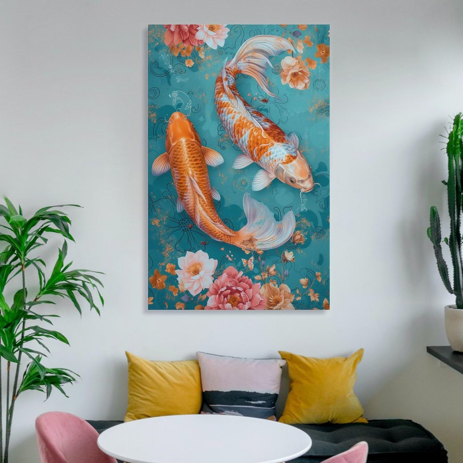 Amazon.co.jp: 絵画 花の下を二匹の鯉が泳いでいるインテリア 絵画